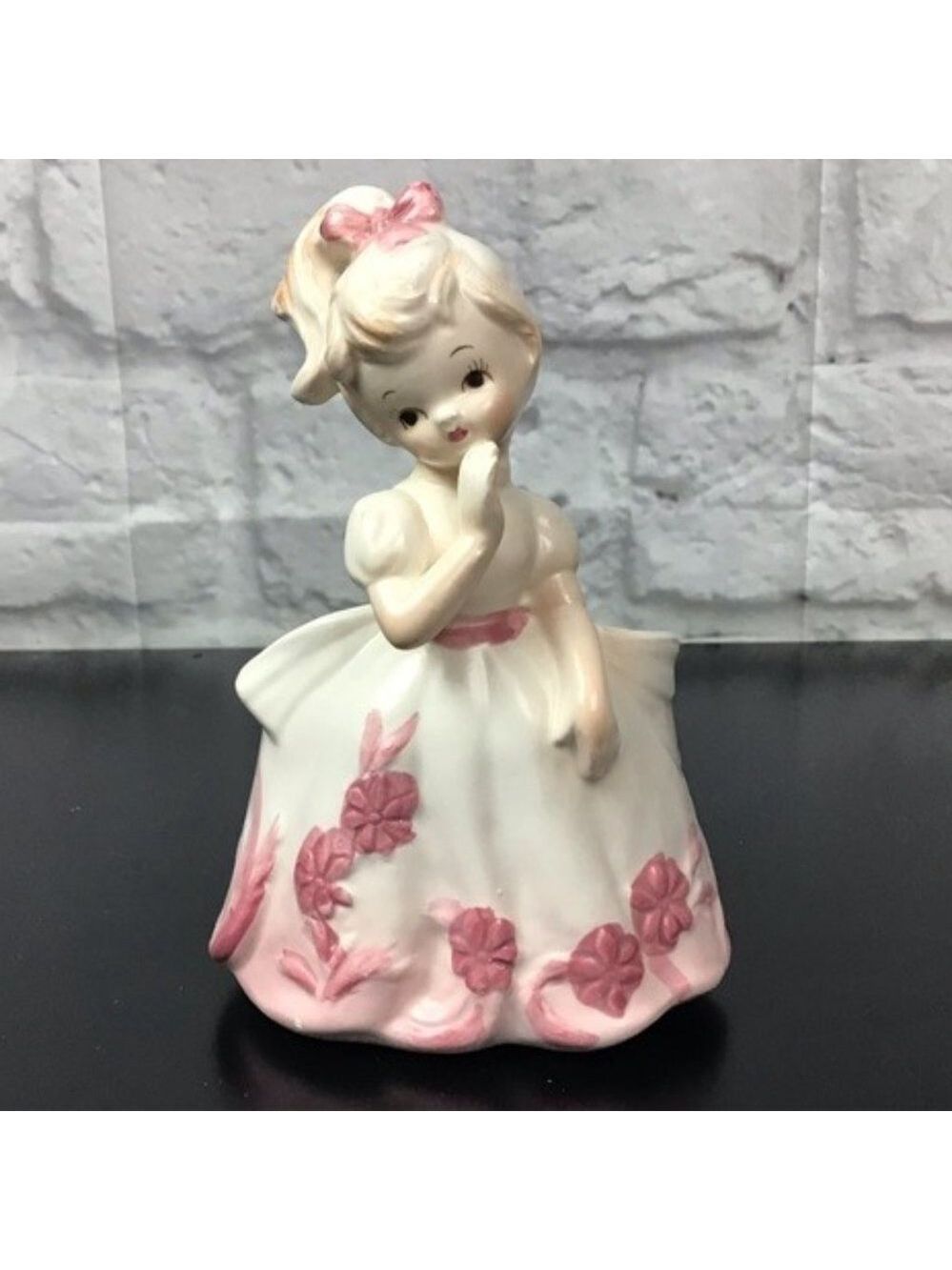 Vintage Enesco Blond girl planter in pink dress
